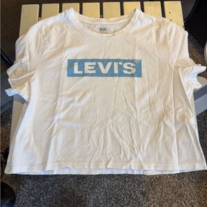 Levi's White Tee with Blue Logo short above the waist
